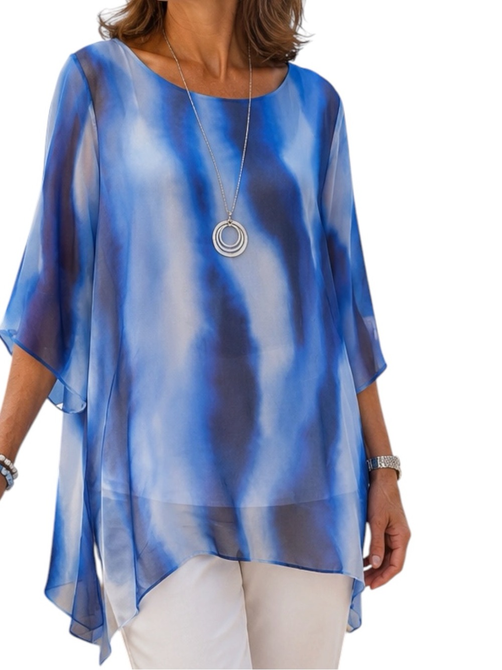 Blue Watercolor Silk Blend Lined Tunic Top M Coastal Resort White Lotus